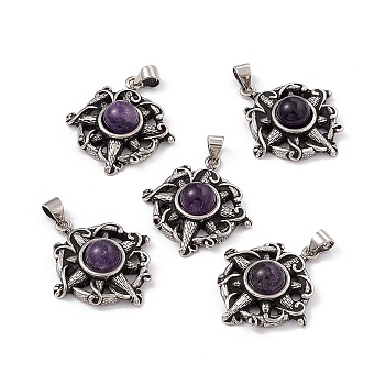 Natural Amethyst Pendants, Flat Round Charms with Flower, with Antique Silver Color Brass Findings, 26x23.5x7.5mm, Hole: 4x4mm