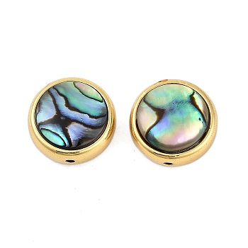 Natural Paua Shell Beads, with Brass Edge, Golden, Flat Round, 15x8mm, Hole: 1.7mm