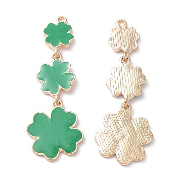 Alloy Big Pendants, with Enamel, Light Gold, Clover Charms, for Saint Patrick's Day, Medium Sea Green, 59x20.5x1.5mm, Hole: 1.8mm