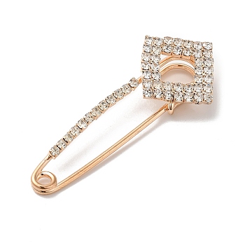 Zinc Alloy Brooch, with Resin Rhinestone, Light Gold, Square, 59.5x23.5x9mm