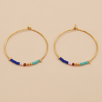 Glass Seed Beaded Hoop Earrings, Boho Beach Earrings, Blue, 30x30mm