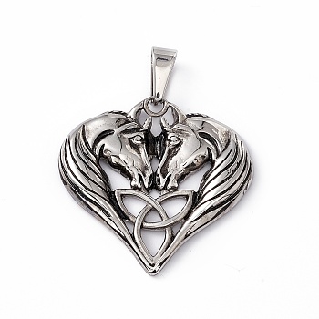 304 Stainless Steel Pendants, Heart Unicorn with Trinity Knot Charms, Antique Silver, 42x43.5x3.5mm, Hole: 5.5x11.5mm
