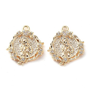 Rack Plating Brass Micro Pave Cubic Zirconia Pendants, Flat Round Christmas Wreath, Real 18K Gold Plated, 15.5x13x2.5mm, Hole: 1.4mm