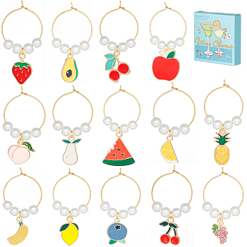 Alloy Enamel Wine Glass Charms, with Brass Hoop Earring Findings and Glass Pearl Bead, Mixed Shapes Fruit, Mixed Color, 48~55mm, 14pcs/set
