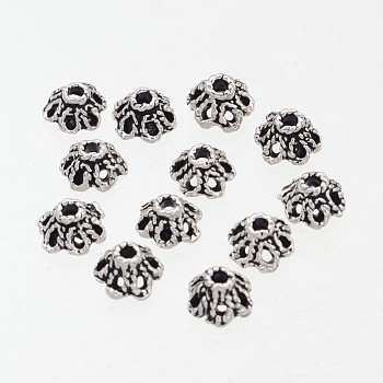 6-Petal Filigree Flower Tibetan Silver Bead Caps, Cadmium Free & Lead Free, Antique Silver, about 6.5mm in diameter, Hole: 1mm