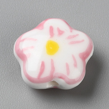 Handmade Porcelain Beads, Bright Glazed Porcelain, Pink, Flower, 14x14.5~15x6~6.5mm, Hole: 2mm