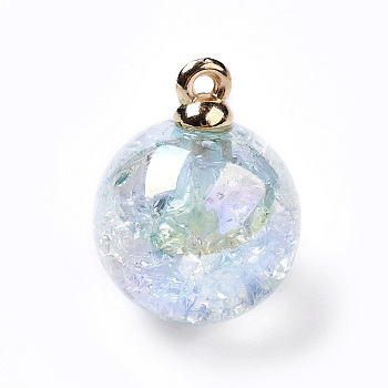 Transparent Crackle Acrylic Pendants, with Golden Plated Metal Findings, Round, Light Blue, 20.5x16mm, Hole: 1.2mm