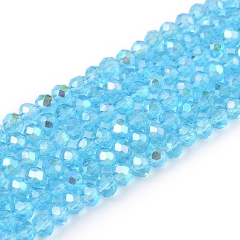 Electroplate Glass Beads Strands, Half Rainbow Plated, Faceted, Rondelle, Deep Sky Blue, 2.9~3.3x2mm, Hole: 0.8mm, about 148~150pcs/strand, 39.5~40cm