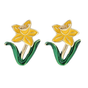 Flower Enamel Stud Earrings, Earrings Front and Back, Yellow, Golden, 24x16.5mm