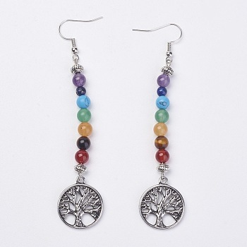 Alloy Dangle Earrings, with Gemstone Beads and Brass Earring Hooks, Flat Round with Tree of Life, Antique Silver, 94mm, pin: 0.8mm