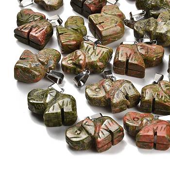 Natural Unakite Pendants, with 201 Stainless Steel Finding, Elephant, 19x22x10mm, Hole: 4x8mm