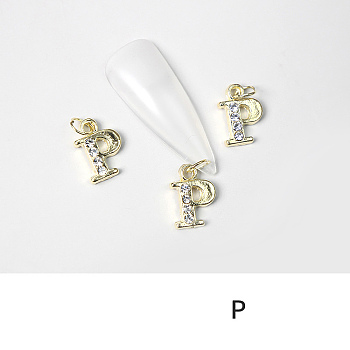 Alloy Rhinestone Cabochons, Nail Art Decoration Accessories, with Jump Ring, Letter, Golden, Letter.P, 11~14x5~12mm