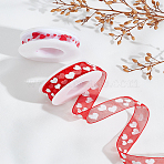 10M 2 Colors Printed Polyester Chiffon Ribbon, with Spool, for DIY Jewelry Making, Heart Pattern, with 2Pcs Plastic Spools, Red, 5/8 inch(16mm)(ORIB-LP0003-80A)
