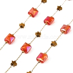 Handmade 304 Stainless Steel Glass Beaded Link Chains, Rectangle & Star, with Synthetic Hematite Bead, Soldered, with Spool, Golden, 2x0.6x0.2mm(GL-CBA98C2-04G)