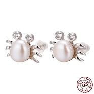 Crab Platinum Tone Rhodium Plated 925 Sterling Silver Cubic Zirconia Ball Ear Studs, with Freshwater Pearl Beads, Seashell Color, 9.5x12mm, Pin: 0.8mm(EJEW-E174-04P)
