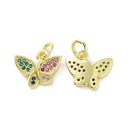 Brass Micro Pave Colorful Cubic Zirconia Charms, with Jump Ring, Butterfly Charm, Real 18K Gold Plated, 9.5x12x1.5mm, Hole: 3.2mm(KK-E068-VF097)