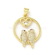 Brass Micro Pave Cubic Zirconia Pendants, Round with Bird & Heart, Real 16K Gold Plated, 26.5x20x3mm, Hole: 5x3.5mm(FIND-Z023-18G)