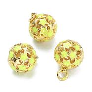 Brass Enamel Charms, with Jump Ring, Real 18K Gold Plated, Long-Lasting Plated, Round with Star, Green Yellow, 14.5x12.5mm, Jump Ring: 5x1mm, Hole: 3mm(KK-A153-02G-J)