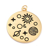 Brass Enamel Pendants, Solar System Pendants, with Jump Rings, Long-Lasting Plated, Flat Round & Planet, Black, Real 18K Gold Plated, 24x21.5x1.5mm, Hole: 3mm(KK-F825-03G)