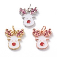 Brass Micro Pave Cerise Cubic Zirconia Pendants, with White Enamel & Jump Rings, Long-Lasting Plated, For Christmas, Reindeer/Stag, Mixed Color, 15x13x1.5mm, Hole: 3mm, Jump Ring: 5x1mm(ZIRC-Z008-15)