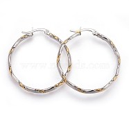 304 Stainless Steel Hoop Earrings, Hypoallergenic Earrings, Textured Ring Shape, Golden & Stainless Steel Color, 38x35.5x5mm, Pin: 1mm(EJEW-P173-09GP)