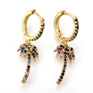 Brass Dangle Hoop Earrings, with Micro Pave Cubic Zirconia, Coconut Tree, Colorful, Golden, 32.5mm, Pin: 0.8mm(EJEW-F190-10G)
