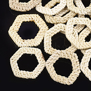 Handmade Reed Cane/Rattan Woven Linking Rings, For Making Straw Earrings and Necklaces,  Hexagon, Lemon Chiffon, 40~49x37~44x4~5mm, Inner Diameter: 17~26x18~28mm(X-WOVE-T005-28)