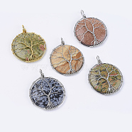 Natural & Synthetic Mixed Stone Big Pendants, Wire Wrapped Pendants, with Brass Findings, Flat Round with Tree of Life, Platinum & Golden, 56x45x9.5mm, Hole: 4x6mm(G-P350-C)