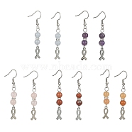 Natural Mixed Gemstone Dangle Earrings, 304 Stainless Steel Breast Cancer Care Ribbon Drop Earrings, 53.5x7mm(EJEW-JE05357)