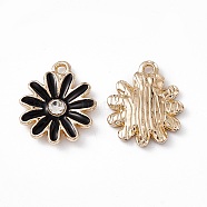 Alloy Rhinestone Pendants, Enamel Style, Light Gold, Chrysanthemum Charm, Black, 17x14x2.5mm, Hole: 1.5mm(PALLOY-P287-01LG-02)