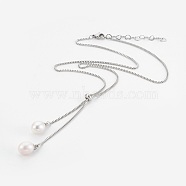 Adjustable 304 Stainless Steel Lariat Necklaces, Slider Necklaces, with Shell Pearl and Cardboard Jewelry Box, Stainless Steel Color, 20 inch(51.2cm)(NJEW-JN02257)