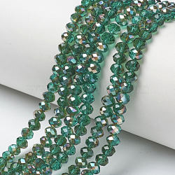 Electroplate Glass Beads Strands, Half Plated, Rainbow Plated, Faceted, Rondelle, Teal, 4x3mm, Hole: 0.4mm, about 123~127pcs/strand, 16.5~16.9 inch(42~43cm)(EGLA-A034-T4mm-J01)