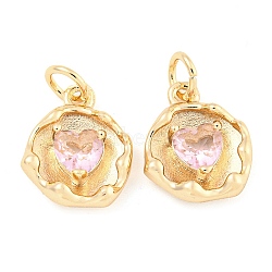 Rack Plating Brass Micro Pave Cubic Zirconia Charms, Long-Lasting Plated, Lead Free & Cadmium Free, Flat Round with Heart Charms, with Jump Ring, Pink, Real 18K Gold Plated, 13.5x11.5x4mm, Hole: 3.5mm(KK-F089-04G)