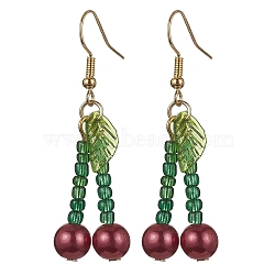 Acrylic & Glass Beaded Cherry Dangle Earrings, Iron Long Drop Earrings, Red, 51x16mm(EJEW-JE05591)