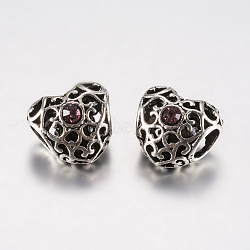 Tibetan Style Alloy Rhinestone European Beads, Large Hole Beads, Heart, Antique Silver, Rosy Brown, 12x12.5x10mm, Hole: 5mm(PALLOY-F200-06D)
