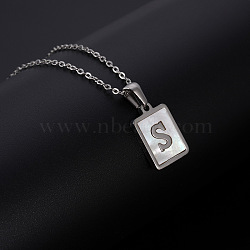 Rectangle Stainless Steel Pave Natural White Shell Pendant Necklaces, Stainless Steel Color, Letter S, 17.72 inch(45cm)(FS-WG3D812-19)