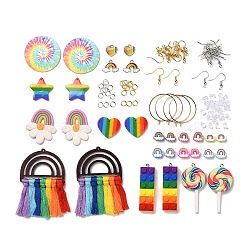 DIY Rainbow Dangle Earring Making Kits, Including Polycotton Tassel & Polymer Clay & Alloy & PU Leather & Acrylic & Plastic Pendants, Polymer Clay Beads, Brass Earring Hooks & Hoop Earrings, Colorful, 112Pcs/box(DIY-SZ0008-76)