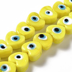 Handmade Evil Eye Lampwork Beads Strands, Heart, Yellow, 12x12x6mm, Hole: 1.4mm, about 33pcs/strand, 14.37''~14.57''(36.5~37cm)(LAMP-E023-07B-04)