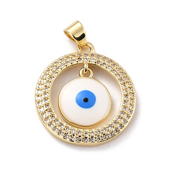 Eco-friendly Brass Micro Pave Cubic Zirconia Pendants, with Enamel, Long-Lasting Plated, Real 18K Gold Plated, Cadmium Free & Lead Free, Evil Eye, White, 23.5x21x3mm, Hole: 4.5mm