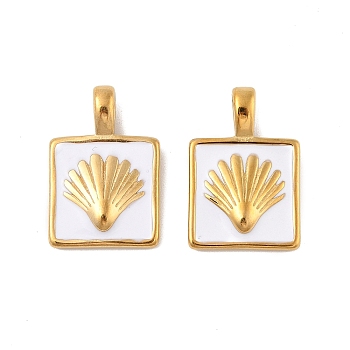 304 Stainless Steel Enamel Pendants, Square with Shell Charms, Real 18K Gold Plated, PVD Vacuum Plating, White, 22.5x15x3.5mm, Hole: 5x2.5mm