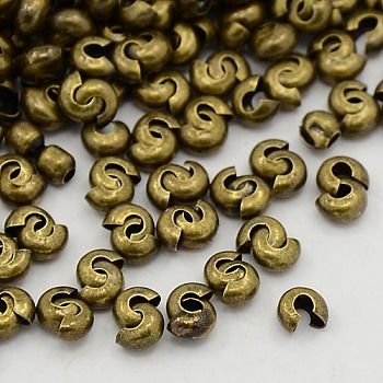 Brass Crimp Beads Covers, Nickel Free, Ringent Round, Antique Bronze Color, About 4mm In Diameter, 3mm Thick, Hole: 1.5mm