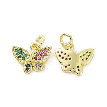 Brass Micro Pave Colorful Cubic Zirconia Charms, with Jump Ring, Butterfly Charm, Real 18K Gold Plated, 9.5x12x1.5mm, Hole: 3.2mm