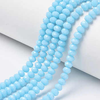 Opaque Solid Color Glass Beads Strands, Faceted, Rondelle, Cyan, 10x8mm, Hole: 1mm, about 65~66pcs/strand, 20.8~21.2 inch(53~54cm)
