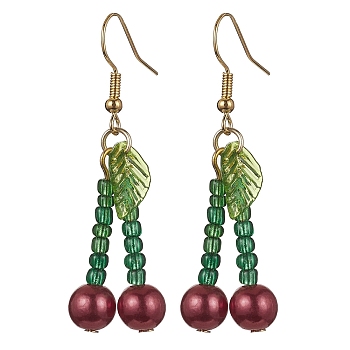 Acrylic & Glass Beaded Cherry Dangle Earrings, Iron Long Drop Earrings, Red, 51x16mm