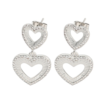 Hollow Heart Brass Pave Clear Cubic Zirconia Dangle Stud Earrings, Platinum, 30.5x17mm