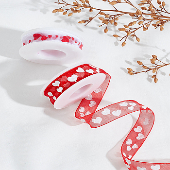 10M 2 Colors Printed Polyester Chiffon Ribbon, with Spool, for DIY Jewelry Making, Heart Pattern, with 2Pcs Plastic Spools, Red, 5/8 inch(16mm)
