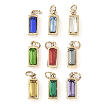 Glass Pendants, with Ion Plating(IP) 304 Stainless Steel Findings, Manual Polishing, with Jump Ring, Rectangle Charms, Real 18K Gold Plated, Mixed Color, 11x4x3.5mm, Hole: 2.5mm