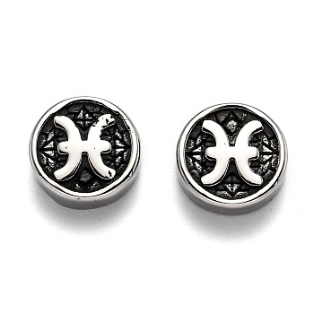 304 Stainless Steel Beads, Flat Round with Twelve Constellations, Antique Silver, Pisces, 10x4mm, Hole: 1.8mm