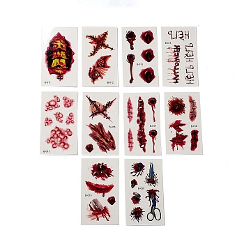10Pcs 10 Style Halloween Horror Realistic Bloody Wound Scar Removable Temporary Water Proof Tattoos Paper Stickers, Rectangle, Brown, 10.5x6x0.03cm, 10 style, 1pc/style, 10pcs/set