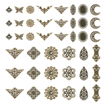 DIY Jewelry Making Finding Kit, Including Iron Filigree Joiners & Cabochon Connector Settings & Pendants, Rhombus & Flower & Butterfly, Antique Bronze, 84Pcs/box